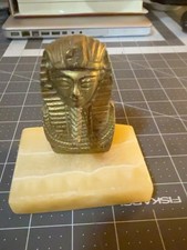 Vintage Solid Brass?  King Tut Egyptian Pharaoh Bust Banded Onyx Stone Base picture