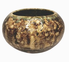Studio Art Pottery Ceramic Round Planter Mottled Brown Tan & Green 5