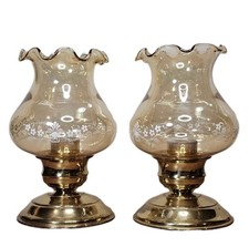 Vintage Amber Glass Hurricane Lamp Candle Holder England Set of 2 MCM Brass picture