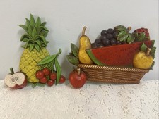 Vintage 2Plastic Fruit Wall Plaques Pineapple Cherry Apple Watermelon MCM Retro picture