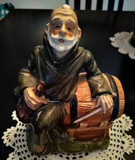 Vintage Tilso Japan Hand Painted Monk Wine Barrel Musical Figurine Music Box picture