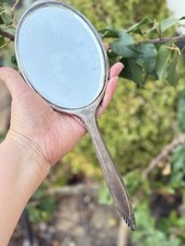 Vintage Monogramed Large Sterling Silver Handheld Vanity Mirror Damaged At Neck picture