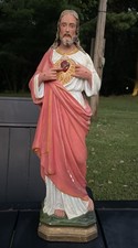 Vintage Sacred Heart of Jesus Christ Religious Sculpture Polychrome Plaster 16” picture
