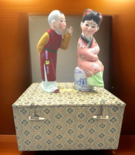 Vintage Chinese Niren Zhang Clay Figurines Boy Whispering Girl Set Box Paperwork picture