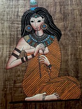 Vintage Egyptian Papyrus Painting Seated Woman Hand Painted Egypt Rare-Signed. picture