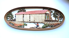VTG 1970s Burwood Covered Bridge Fisherman 4351 Wall Decor MCM Hanger Plaque picture