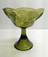 Green Glass Vase Embossed Grapes Leaves 7 1/2