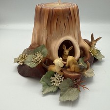 VTG Mcm Woodlands Tree Stump Figural Candle Dog Rabbit FLowers 5” Tall Retro picture