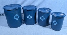 Vtg Tupperware Servalier Nesting Canister Set of 4 Navy Blue Floral Pattern picture