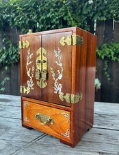 Vintage Chinese Jewelry Box Cabinet Mother of Pearl Brass- w/original brass lock picture