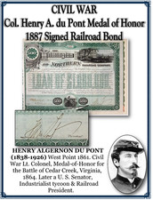 CIVIL WAR Col. Henry A. du Pont, Medal of Honor, 1887 Signed Railroad Bond picture