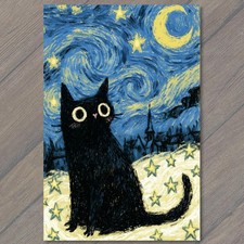 POSTCARD Black Cat Starry Night Sky Moon Village Gothic Surreal Fantasy Magical picture