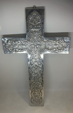 VTG Cross Mexican Pewter INRI Handmade Large Ornate Wallhanging Heavy 11x18