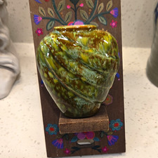 Vintage 1992 Studio Art Pottery Pillow Vase Green Drip Glaze Orange Interior ... picture