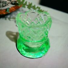 Green Vaseline Glass Toothpick Holder Westmoreland Scalloped Edges Fan Diamond picture