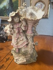 Antique Austria Statue Little Girl Playing With Dogs & Bone MZ Teplitz? 13” CUTE picture