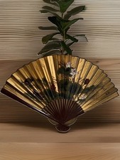 Vintage Hand Painted Asian Oriental Design Wood Large Fan 34” Long Floral Signed picture