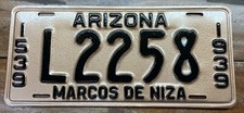 1939 MOHAVE COUNTY ARIZONA 400 YEAR ANNIVERSARY LICENSE PLATE L 2258 MVD CLEAR picture