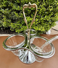 Vintage Kromex Tripal Carosel Server Caddy Stand 3 Glass Bowls 3 Spoons picture
