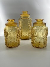 Vintage Indiana Glass Amber Canister Set of 3 with Lids MCM Pressed Glass Jars picture
