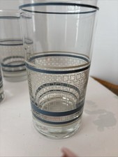 Geometric 5-1/2” Highball Glasses Set of 7 Blue & Beige Vintage MCM 1960s Retro picture