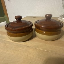 Pair of vintage Potpourri Press glazed stoneware crocks Taiwan 1970s MCM Cottage picture