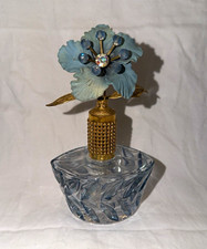 Vintage Blue Glass Perfume Bottle w/ Floral Topper West Germany picture