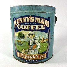 Rare Antique Kenny's Maid 4 lb Litho Coffee Tin Pail Dutch Lady Farm Cow Vtg picture