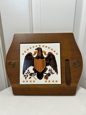 Vintage 1970s Wood Cheese Charcuterie Board Patriotic Eagle Ceramic Tile picture