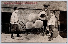 Peaches Rppc two boys pushing giant fruit in wheelbarrow 1911 picture