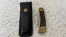 Vintage BUCK110C U.S.A Custom Hunting Pocket Knife Ebony Wood Handle W/Leather picture