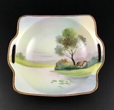 Vintage Nippon Nut Bowl Dish Hand Painted Square Handled Green Mark picture