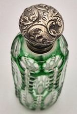 Antique Victorian Emerald Green Cut Glass Scent Bottle Silver Top SPARES REPAIR picture