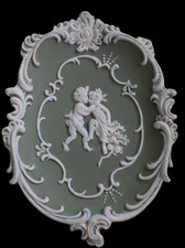 Vtg Arnart Jasperware Cherubs Wall Plaque 3D Green Bisque Neoclassical picture
