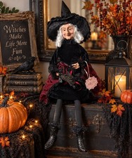 Bella Lux Halloween Witch Doll 25” Burgundy Black Broom Large Decor picture