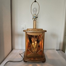 Vintage B.W. Wood Mexico Oak Table Lamp Smoked Glass Brass Lighted Base 3 way picture