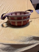 VTG Handmade Wicker Wood Round Basket Storage Rustic Handle Red White 9in picture