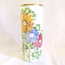 Vintage Hand Painted White Glass Cylinder Vase De Luxe Inc Poppy Floral Gold Rim picture