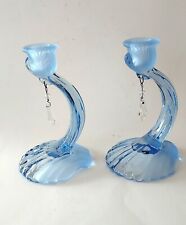Vintage CAMBRIDGE CAPRICE blue glass candle holder candlesticks beach shell Deco picture