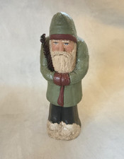 Vintage Green Chalkware Santa Figurine Christmas Hand Painted Signed 1999 7 1/2