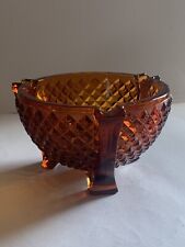 Vintage Art Deco Footed Ashtray Bowl Amber Glass Round 3 Slot Diamond Point picture