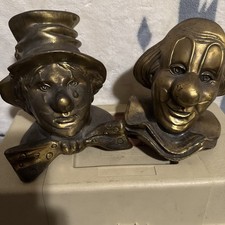 Vintage Solid Brass Clown Bookends, Emmet Kelly Clarabell Style By PM Craftsman picture