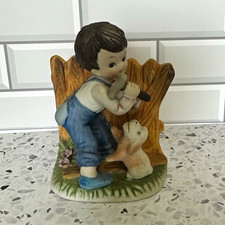 Vintage FBIA Boy Mending Fence Puppy Figurine Taiwan Hand Painted Porcelain 4.5