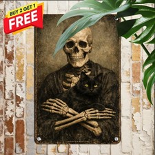 Funny Skull Cat Wall Decor Plaque Dark Humor Retro Metal Tin Sign 8x12 picture