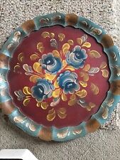 Vtg Rosemaling Tole Painted Blue Roses Decorative Round Wood Tray Plate 11.75” picture