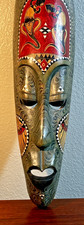 Handcrafted Bali Carved Wooden Mask Emerald Painted & Lizard Motif Vintage 19.5