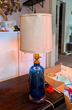 Authentic Mid-Century Blenko Cobalt Decanter Lamp w Org Glass Flame Finial RARE picture