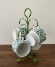Vintage Crazy Daisy Mugs Set/4 with Stand Flower Power Retro Green White JAPAN picture