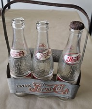 Vintage Pepsi Cola Metal Soda Bottle Carrier Holder With 3 Glass Bottles 40's picture