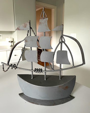 Metal Sailing Ship Sculpture 15” Gray Nautical Sailboat Tabletop Coastal Decor picture